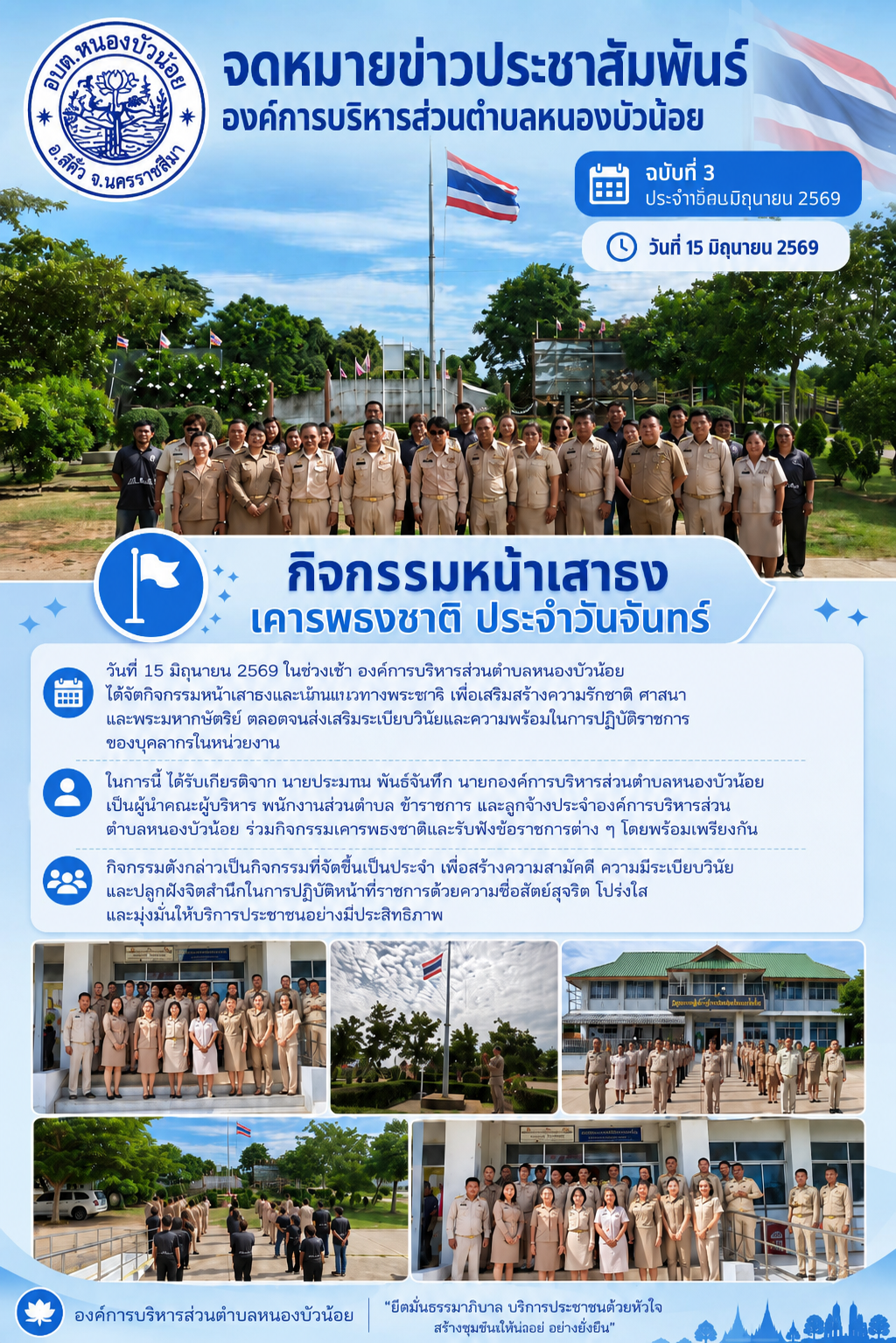 วันจันทร์ ที่ 15 มิถุนายน 2569 คณะผู้บริหาร พนักงานส่วนตำบล ข้าราชการ และลูกจ้างประจำองค์การบริหารส่วนตำบลหนองบัวน้อย ได้ร่วมกิจกรรมเคารพธงชาติโดยพร้อมเพียงกัน